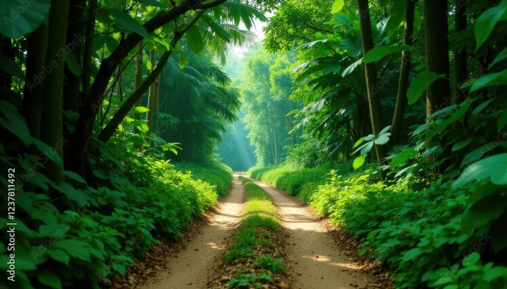 The dirt road leads through a dense thicket of vegetation, foliage, tropical The dirt road leads through a dense thicket of vegetation, foliage, tropical