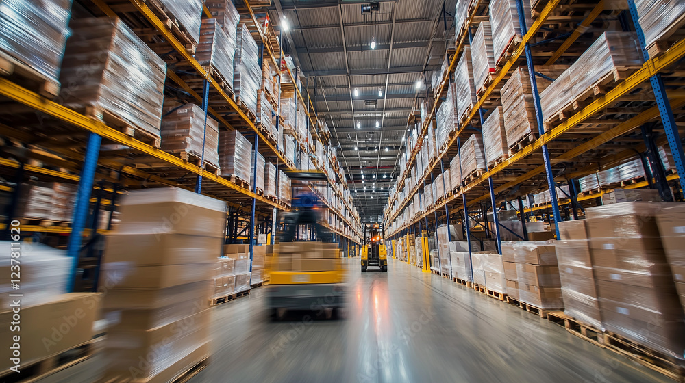 A vast warehouse with towering shelves stocked with goods, forklifts navigating the aisles. The blurred background shows industrial lighting, metal frameworks, and busy workers in the distance. A vast warehouse with towering shelves stocked with goods, forklifts navigating the aisles. The blurred background shows industrial lighting, metal frameworks, and busy workers in the distance.