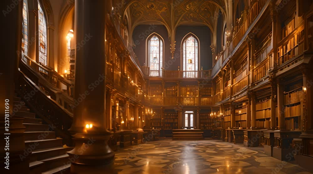 A grand library filled with towering shelves of ancient, dusty medieval books, bathed in golden candlelight A grand library filled with towering shelves of ancient, dusty medieval books, bathed in golden candlelight