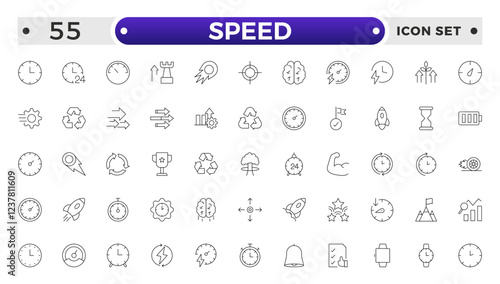 Speed icon set. Containing fast, slow, movement, productivity, indicator, turbo, speeding, gauge, express and speedometer icons. Outline icon collection.