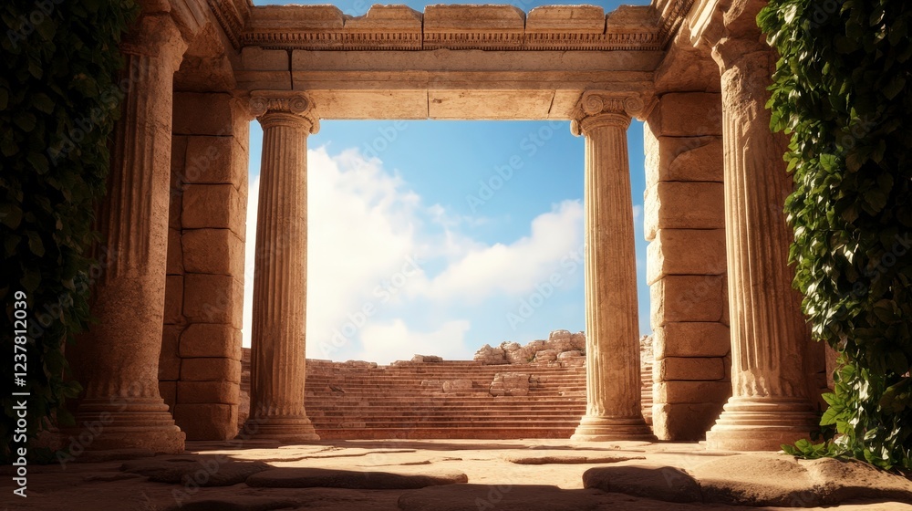 Fototapeta premium Ancient Ruins with Tall Columns and Blue Sky in a Historic Landscape