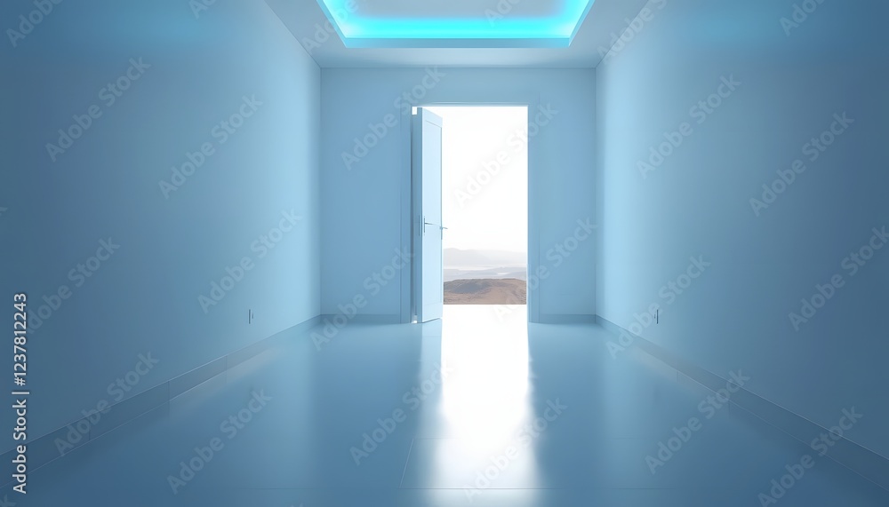 Open Door to Landscape View Minimalist Room 3d Render Open Door to Landscape View Minimalist Room 3d Render