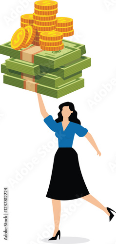 Business expertise and skill advantage, powerful force, financial expert, easy money, confident businesswoman with arms crossed holding up a pile of bills with one hand