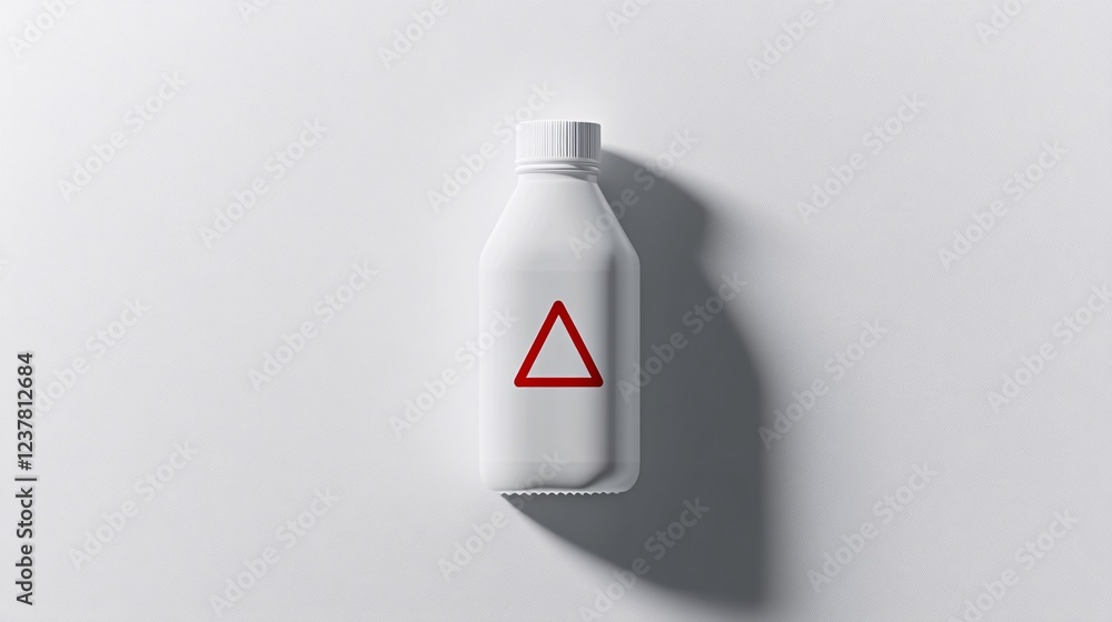 Simple White Bottle with Red Triangle Symbol on Clean Background Simple White Bottle with Red Triangle Symbol on Clean Background