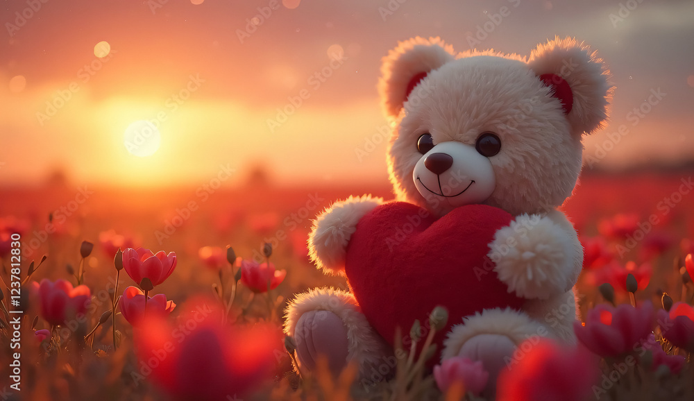 Fototapeta premium Whimsical Romance: Teddy Bear with Heart Amidst Flowers and Stars