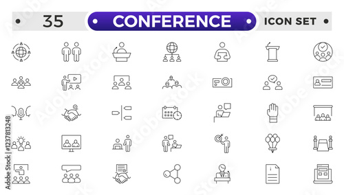 Conference set of web icons in line style. Live webinar icons for web and mobile app. Containing conference, business meeting, classroom, team, interview, meeting, work, discussion and more.