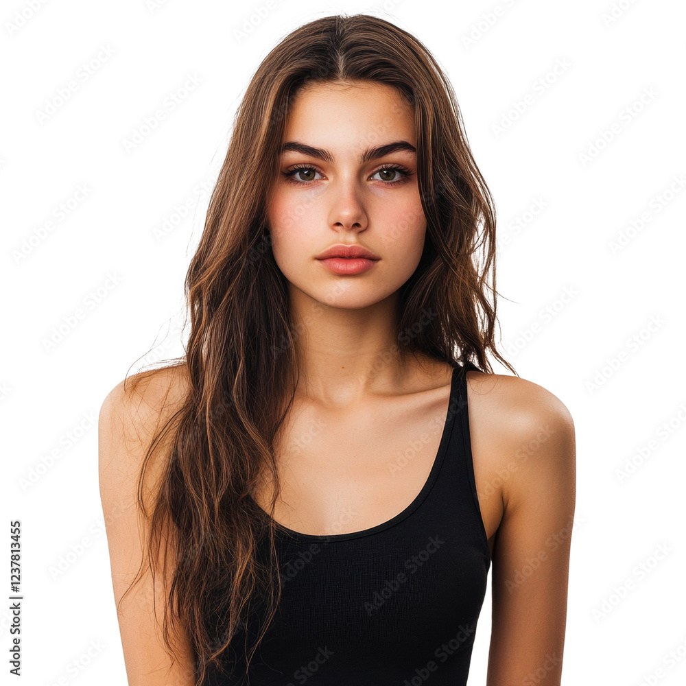 The image shows a portrait of a young attractive woman with long brown hair wearing a simple black top against a plain background. The image shows a portrait of a young attractive woman with long brown hair wearing a simple black top against a plain background.