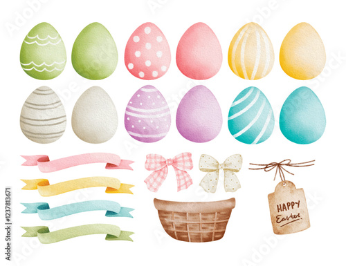 Watercolor Illustration Set of Colorful Easter Eggs and Elements