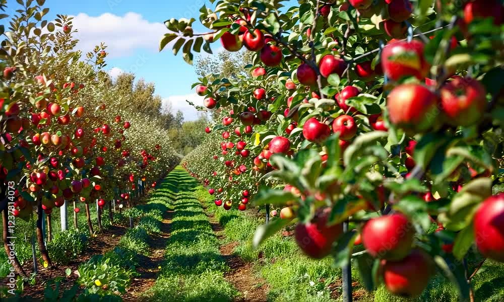 Video of an apple orchard arranged in rows on a sunny day, camera focus switching from one tree to multiple trees, professional product shoot Video of an apple orchard arranged in rows on a sunny day, camera focus switching from one tree to multiple trees, professional product shoot