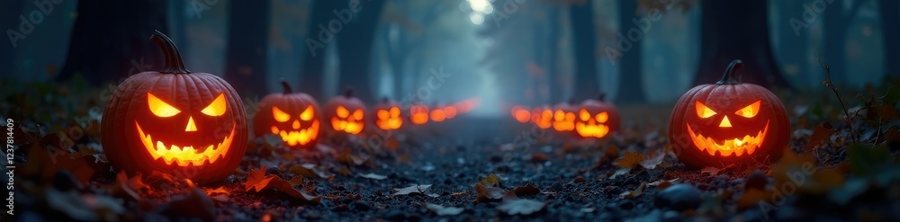 Flickering jack-o-lanterns light the way through the darkness, mist, flickering lights Flickering jack-o-lanterns light the way through the darkness, mist, flickering lights