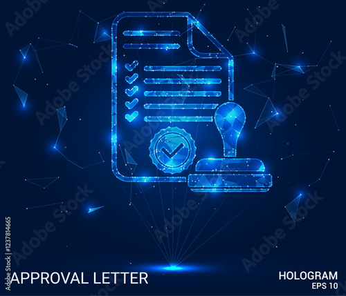 Approval letter hologram. Approval letter is made of polygons, triangles, dots, and lines. Approval letter is a low-poly compound structure. Technology concept vector.