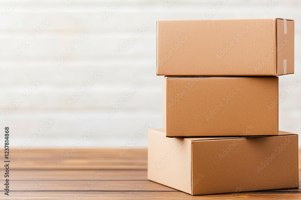 Three stacked cardboard boxes on a wooden surface, showcasing shipping and storage concepts in a minimalistic setting. Three stacked cardboard boxes on a wooden surface, showcasing shipping and storage concepts in a minimalistic setting.