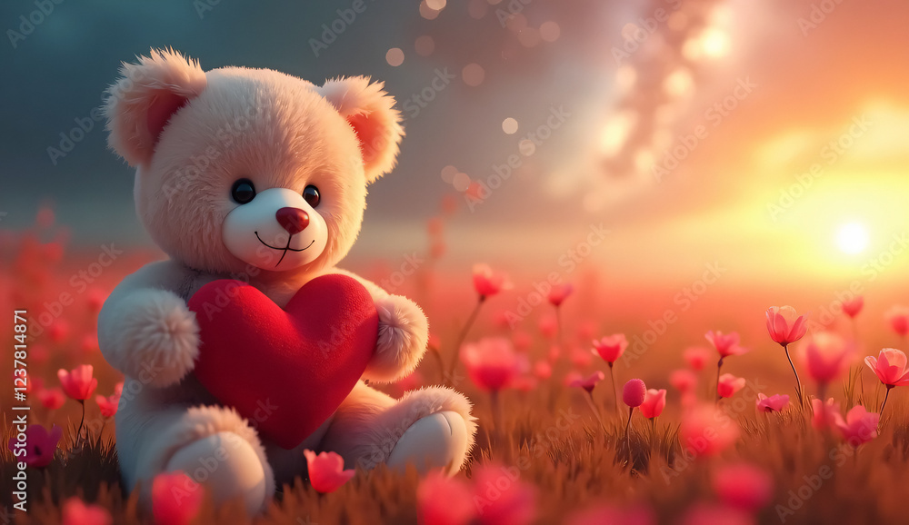 Fototapeta premium Dreamy Galaxy Scene: Teddy Bear Embracing Love in a Starlit Meadow