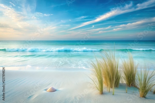 Wallpaper Mural Serene Seascape  A Single Seashell on Pristine White Sand Beside Gentle Ocean Waves and Coastal Grasses Under a Tranquil Sky Torontodigital.ca
