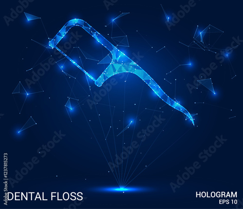 Dental floss hologram. Dental floss is made of polygons, triangles, dots, and lines. Dental floss is a low-poly compound structure. Technology concept vector.