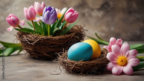 Happy Easter concept with easter eggs in nest and spring flowers.