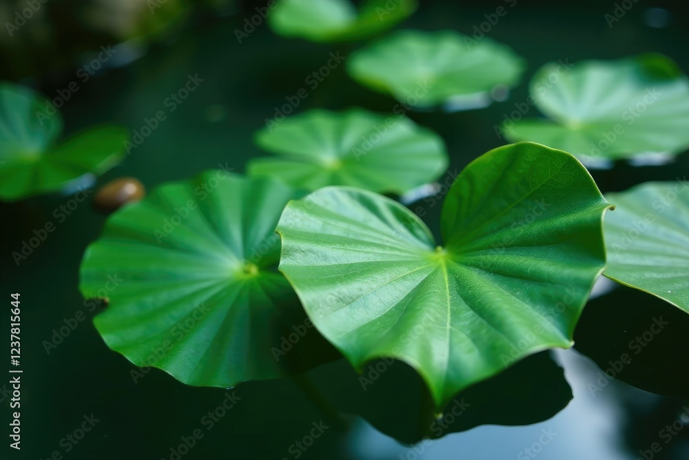 Zen Serenity: Close-up of lush, heart-shaped lily pads gracefully floating atop tranquil water, reflecting the serene beauty of nature. Zen Serenity: Close-up of lush, heart-shaped lily pads gracefully floating atop tranquil water, reflecting the serene beauty of nature.