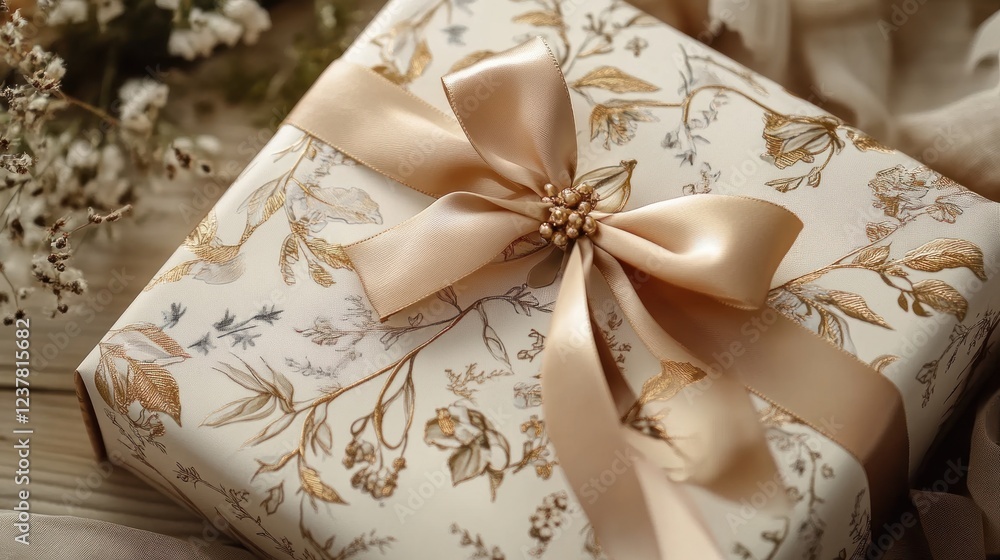 Elegantly Wrapped Gift with Botanical Design Elegantly Wrapped Gift with Botanical Design