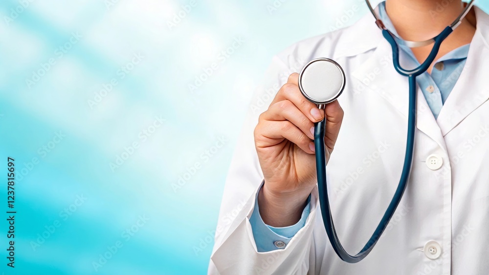 Female Doctor Holding Stethoscope in a Bright Medical Environment with Soft Blue Background Female Doctor Holding Stethoscope in a Bright Medical Environment with Soft Blue Background