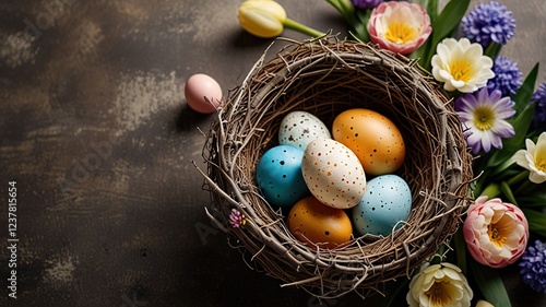 Happy Easter concept with easter eggs in nest and spring flowers.