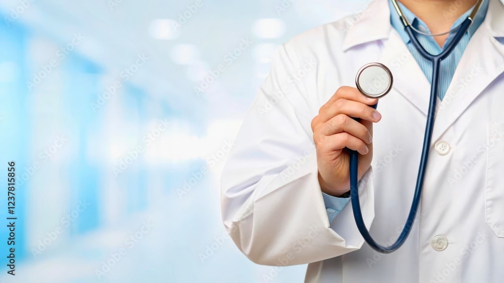 Medical Professional Holding Stethoscope in Hospital Environment with Blurred Background Medical Professional Holding Stethoscope in Hospital Environment with Blurred Background