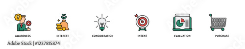 Marketing icon set flow process which consists of strategy, concept, communication, target group, online, print and business icon live stroke and easy to edit .