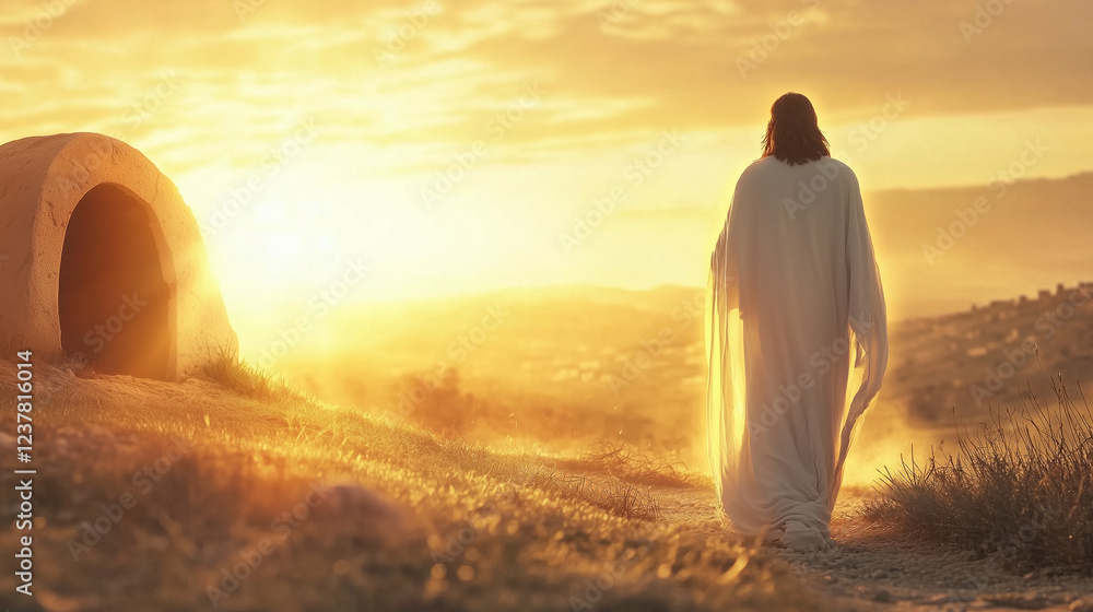 Resurrection morning: Jesus at open tomb, bathed in divine light. White robe glows, mist rises, Jerusalem hills & radiant sunrise.