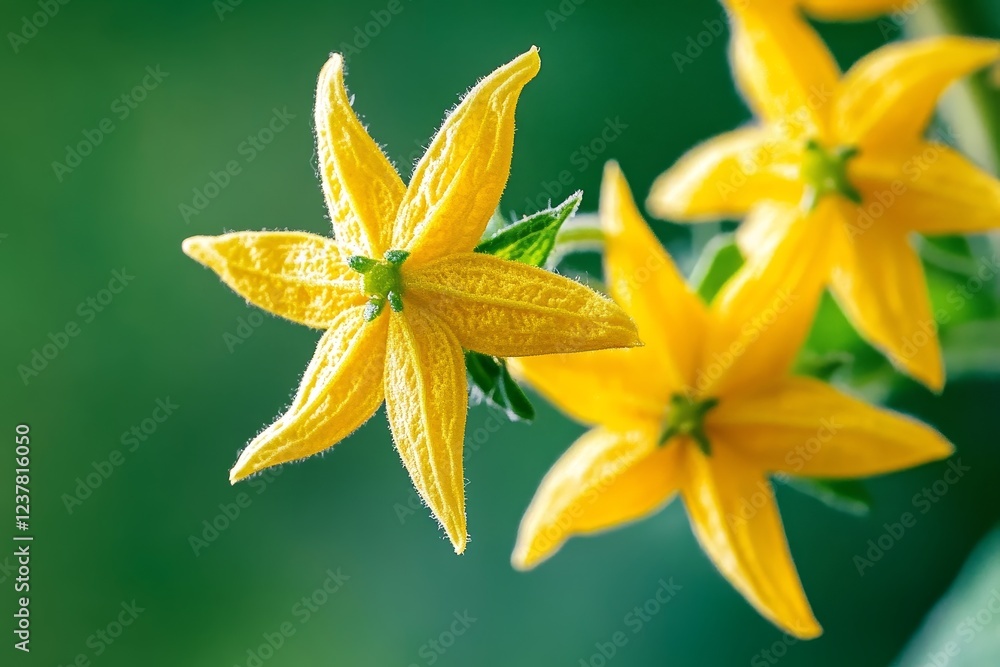 Close-up of three vibrant yellow squash blossoms against a blurred green background.
