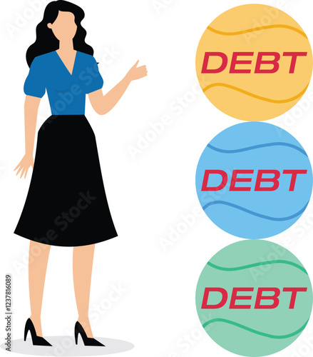 More and more debt, debt problems, overloaded debt or expense payments, financial lending risks and crises, businesswomen stacking higher and higher iron balls of debt