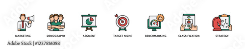 Market segmentation icon set flow process which consists of marketing, demography, segment, target niche, benchmarking, classification, strategy icon live stroke and easy to edit .