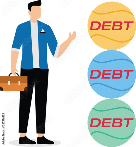 More and more debt, debt problems, overloaded debt or expense payments, financial lending risks and crises, businessmen stacking higher and higher iron balls of debt