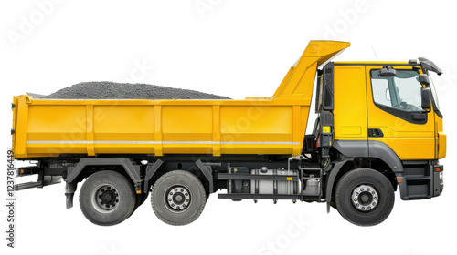 Yellow tipper lorry carrying gravel on transparent background