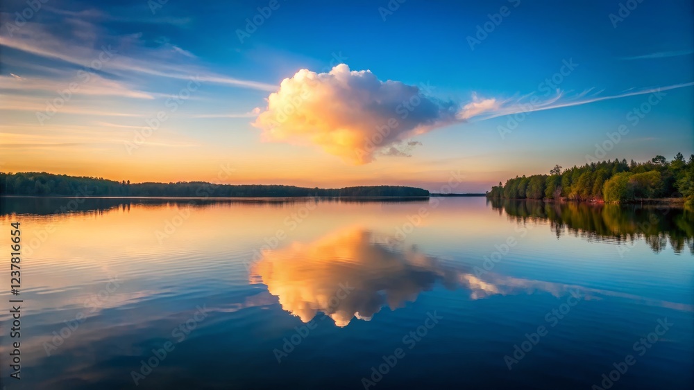 Serene Lake Reflection at Sunset with Colorful Cloud Above Serene Lake Reflection at Sunset with Colorful Cloud Above