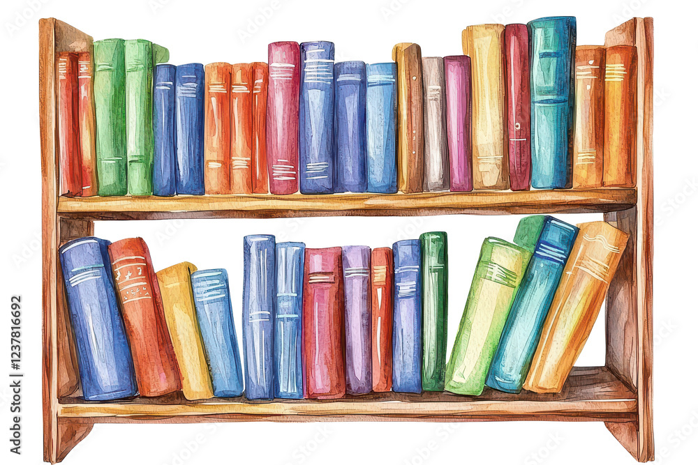 Naklejka premium A colorful bookshelf filled with various books arranged neatly on two wooden shelves.