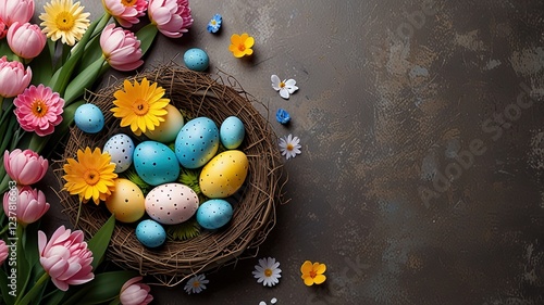 Happy Easter concept with easter eggs in nest and spring flowers.