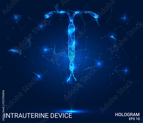 Intrauterine device hologram. Intrauterine device is made of polygons, triangles, dots, and lines. Intrauterine device is a low-poly compound structure. Technology concept vector.