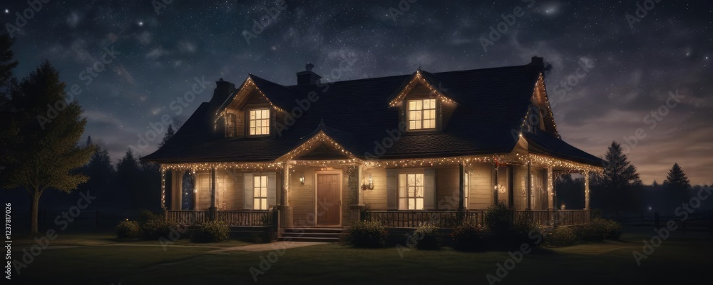 Starry night sky with Christmas lights on a house, sparkling stars , twinkling lights, Christmas Eve Starry night sky with Christmas lights on a house, sparkling stars , twinkling lights, Christmas Eve