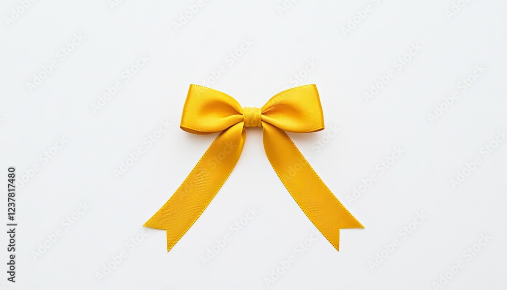 A vibrant yellow ribbon bow centered on a white background, ideal for gift wrapping or decoration A vibrant yellow ribbon bow centered on a white background, ideal for gift wrapping or decoration