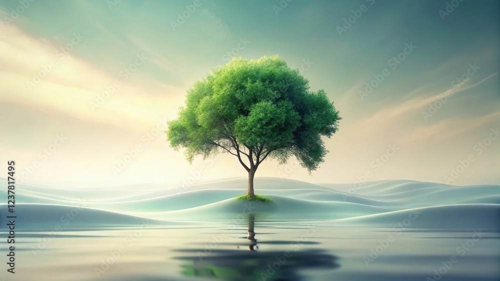 Serene Landscape Featuring a Lone Deciduous Tree on a Small Hill, Reflected in Calm Water Under a Soft Sky Serene Landscape Featuring a Lone Deciduous Tree on a Small Hill, Reflected in Calm Water Under a Soft Sky