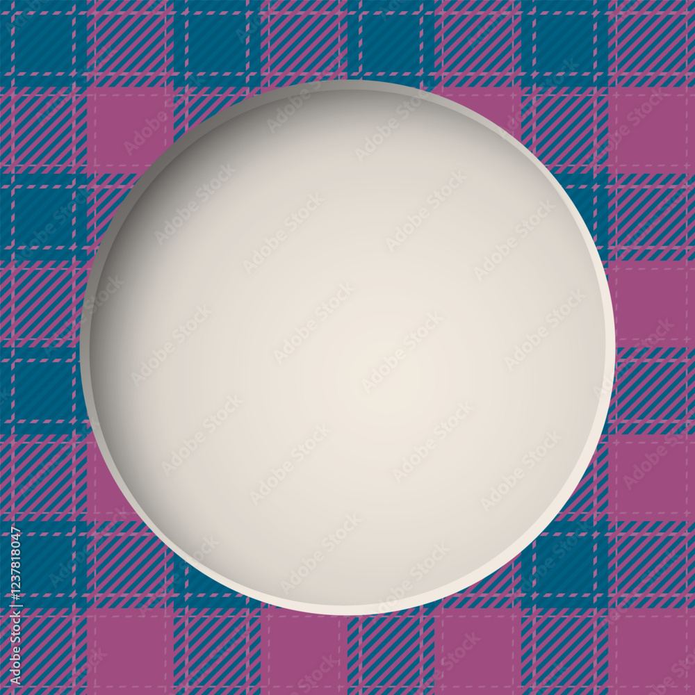 3D blank circle frame paper cut style with tartan plaid pattern pink and blue colors square background graphic illustration. 3D blank circle frame paper cut style with tartan plaid pattern pink and blue colors square background graphic illustration.