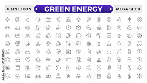 Green Energy outline icon. Recycling Symbol, Solar Panel, Wind Turbine, Electric Vehicle, Eco-Friendly, Eco-Friendly Home, Water Conservation, Green Energy Light Bulb, Tree Planting, Compost Bin.