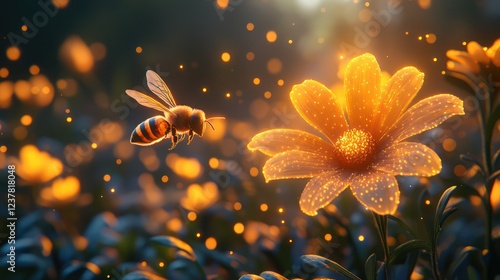 Golden Hour Flight: A Bee's Journey to a Luminous Flower