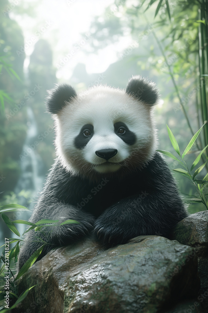 Fototapeta premium A giant panda sitting on rock in the bamboo forest.