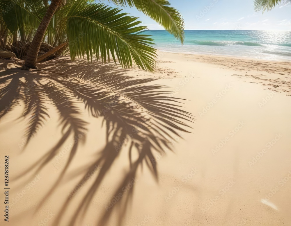 Fototapeta premium Sunlit palm leaf shadows on sandy tropical beach backdrop, exotic, peaceful, textured background