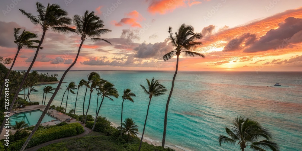 Obraz premium Sunset over turquoise ocean with swaying palm trees, golden hour, turquoise ocean, sandy shore, tropical