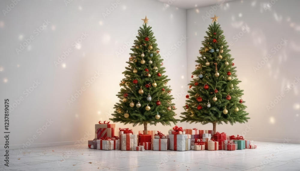 Obraz premium Tall Christmas tree on a white background with wrapped gifts and decorations , white background, festive decor, christmas tree