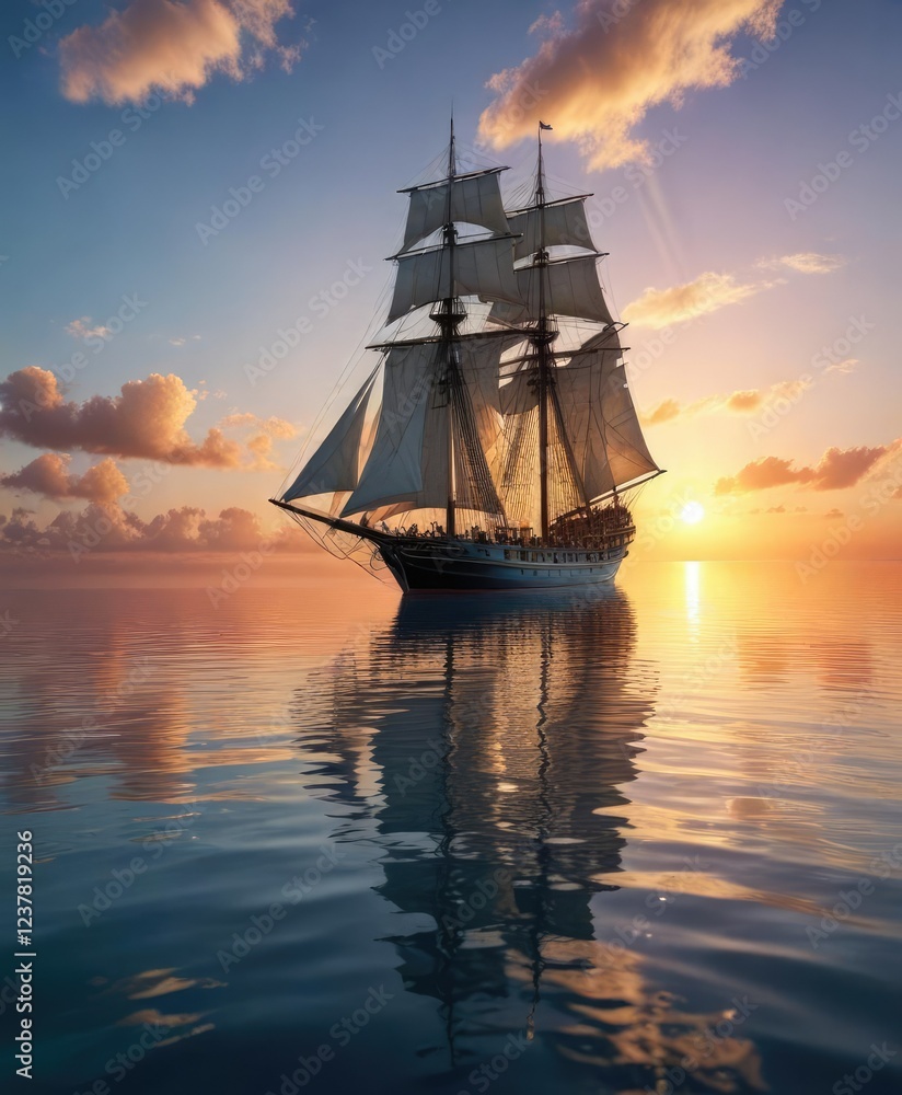 Fototapeta premium Tall ship sailing through crystal clear calm waters under a serene blue sky at sunset, tranquil, nautical scene, serene