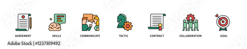 Negotiation icon set flow process which consists of skills, communicate, tactic, contract, and goal icon live stroke and easy to edit .