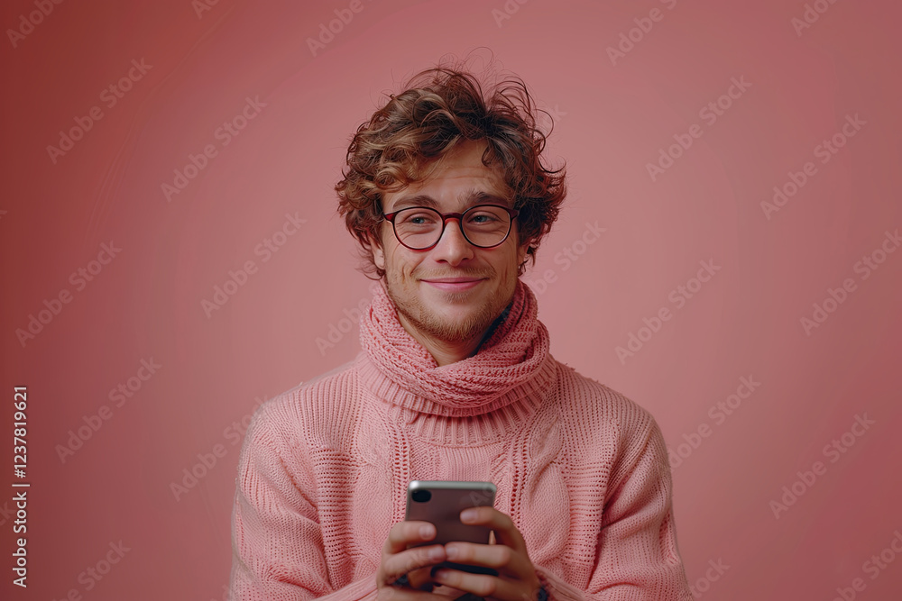 Smiling man in glasses and a cozy pink sweater Smiling man in glasses and a cozy pink sweater