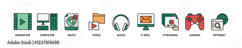 Multimedia icon set flow process which consists of e-mail, video, audio, internet, streaming, gaming, music, computer, animation icon live stroke and easy to edit .